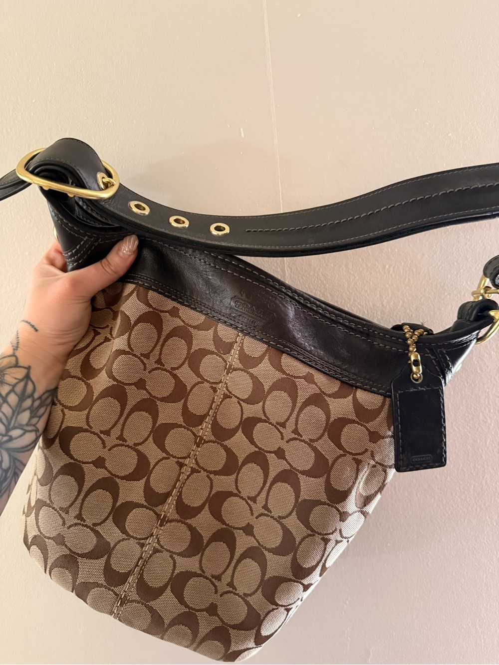 Coach Brown Signature Canvas Shoulder Bag with Black Leather Trim